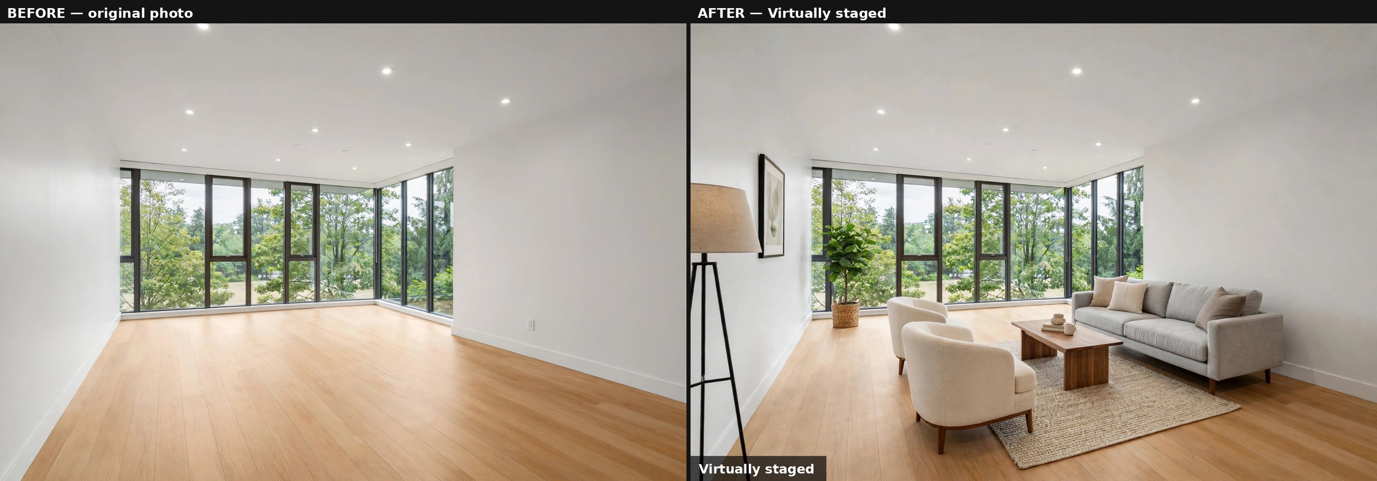 Before and after: vacant living room virtually staged